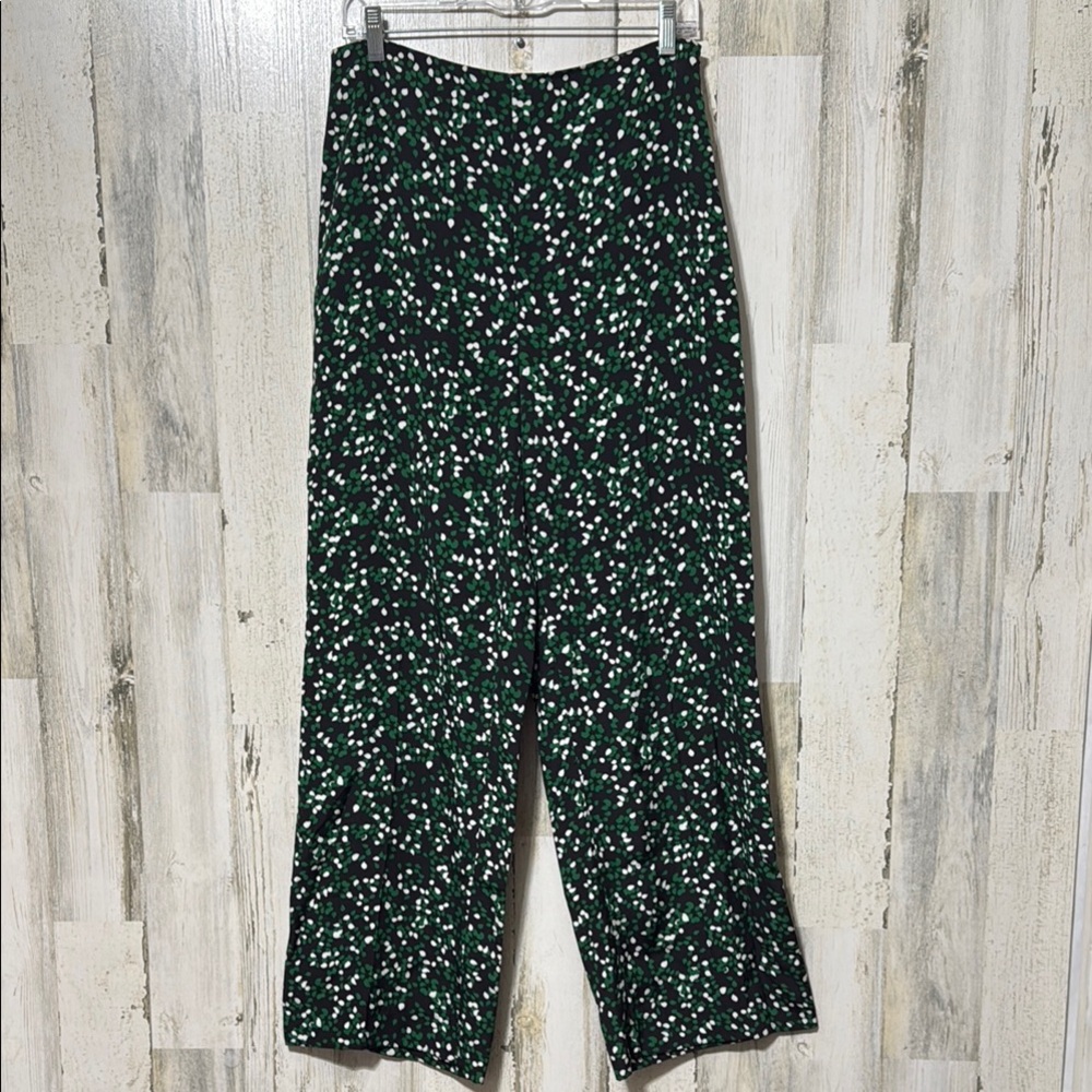 Diane Von Furstenberg Floral Green Black White Wide Leg High Rise SILK Pants - Picture 3 of 13